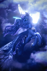 Size: 3840x5760 | Tagged: safe, artist:etherium-apex, imported from derpibooru, princess luna, alicorn, pony, 3d, blender, blender eevee, female, flying, looking back, mare, moon, solo