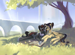 Size: 5400x3900 | Tagged: safe, artist:chi-eca, artist:hichieca, imported from derpibooru, oc, oc only, oc:eternal light, alicorn, bat pony, alicorn oc, bat pony oc, blue eyes, book, bridge, castle, couple, grass, horn, lying down, ponytail, reading, red eyes, shadow, tail, tree, two toned mane, two toned tail, wings