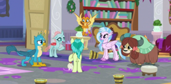 Size: 1491x737 | Tagged: safe, imported from derpibooru, screencap, gallus, ocellus, sandbar, silverstream, smolder, yona, changedling, changeling, classical hippogriff, dragon, earth pony, griffon, hippogriff, pony, yak, the hearth's warming club, bookshelf, bow, bucket, butt, cloven hooves, colored hooves, cropped, hair bow, monkey swings, mop, plot, student six