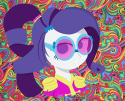 Size: 5810x4703 | Tagged: safe, artist:realgero, imported from derpibooru, rarity, human, equestria girls, friendship through the ages, abstract background, alternate hairstyle, clothes, costume, female, glasses, psychedelic, solo