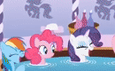 Size: 130x80 | Tagged: safe, imported from derpibooru, screencap, pinkie pie, rainbow dash, rarity, earth pony, pegasus, pony, unicorn, bridle gossip, animated, breaking the fourth wall, gif, gif for breezies, jacuzzi, laughing, picture for breezies, spa, staring at you