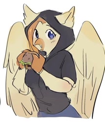 Size: 610x709 | Tagged: artist needed, safe, artist:schwarz, imported from derpibooru, oc, oc only, oc:gill, hippogriff, burger, clothes, food, hamburger, simple background, solo, the daughter of zarz, white background, zarz