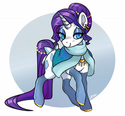 Size: 3476x3237 | Tagged: safe, artist:opalacorn, imported from derpibooru, rarity, pony, unicorn, alternate hairstyle, boots, bow, colored pupils, ear piercing, earring, eyeshadow, female, jewelry, makeup, mare, necklace, piercing, shawl, shoes, simple background, solo, tail, tail bow, white background