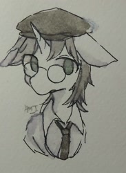 Size: 836x1143 | Tagged: artist needed, safe, artist:schwarz, imported from derpibooru, oc, oc:schwarz, unicorn, clothes, glasses, hat, traditional art, watercolor painting