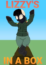 Size: 1473x2048 | Tagged: safe, artist:legendoflink, imported from derpibooru, earth pony, pony, army beret, balaclava, beret, bipedal, boots, clothes, dancing, death of queen elizabeth ii, eyes closed, grave, grave dancing, hat, irish, irish jig, irish republican army, jig, politics, queen elizabeth ii, shoes, simple background, smiling, text