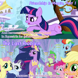 Size: 1920x1920 | Tagged: safe, edit, edited screencap, editor:itsmgh1203, imported from derpibooru, screencap, applejack, fluttershy, li'l cheese, pinkie pie, rainbow dash, rarity, spike, twilight sparkle, alicorn, dragon, earth pony, pegasus, pony, unicorn, friendship is magic, season 1, season 9, the last problem, spoiler:s09, applejack's hat, book, cowboy hat, crossed arms, crown, female, filly, foal, gigachad spike, grin, hat, jewelry, male, mane seven, mane six, mare, older, older applejack, older fluttershy, older mane seven, older mane six, older pinkie pie, older rainbow dash, older rarity, older spike, older twilight, open mouth, open smile, princess twilight 2.0, regalia, smiling, text, twilight sparkle (alicorn), unicorn twilight, winged spike, wings