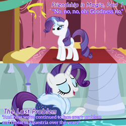 Size: 1920x1920 | Tagged: safe, edit, edited screencap, editor:itsmgh1203, imported from derpibooru, screencap, rarity, pony, unicorn, friendship is magic, season 1, season 9, the last problem, spoiler:s09, carousel boutique, eyes closed, female, magic, mare, older, older rarity, open mouth, open smile, smiling, solo, telekinesis, text