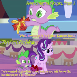 Size: 1920x1920 | Tagged: safe, edit, edited screencap, editor:itsmgh1203, imported from derpibooru, screencap, spike, starlight glimmer, dragon, pony, unicorn, friendship is magic, season 1, season 9, the last problem, spoiler:s09, duo, duo male and female, female, male, mare, present, smiling, text, winged spike, wings