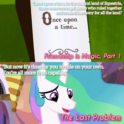 Size: 1920x1920 | Tagged: safe, edit, edited screencap, editor:itsmgh1203, imported from derpibooru, screencap, princess celestia, alicorn, pony, friendship is magic, season 1, season 9, the last problem, spoiler:s09, book, female, mare, open mouth, open smile, smiling, solo, text