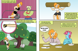 Size: 3931x2599 | Tagged: safe, artist:matchstickman, imported from derpibooru, cup cake, granny smith, pear butter, anthro, earth pony, comic:the other side, abs, chiffon swirl, clothes, comic, female, food, granny smash, log, mare, muscles, pear, pear buffer, pear tree, teenager, tree, workout, young granny smith, younger