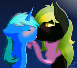 Size: 1250x1111 | Tagged: safe, artist:noir-b, imported from derpibooru, oc, oc only, oc:scroll finder, oc:vermont black, alicorn, earth pony, pony, blushing, clothes, commission, couple, cute, eyes closed, female, glowing, kissing, lidded eyes, lifting chin, male, rule 63, scarf, simple background, straight