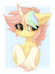 Size: 1500x2000 | Tagged: safe, artist:vird-gi, imported from derpibooru, oc, oc only, oc:ponkus, bat pony, bat pony unicorn, hybrid, pony, unicorn, bust, cheek fluff, chest fluff, curved horn, cute, ear fluff, eyebrows, eyebrows visible through hair, fangs, female, freckles, horn, mare, simple background, smiling, socks (coat marking), solo, unicorn oc, unshorn fetlocks