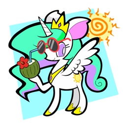 Size: 800x800 | Tagged: safe, artist:okojogairu, imported from derpibooru, princess celestia, alicorn, pony, abstract background, coconut, coconut cup, drink, drinking straw, food, herbivore, horn, jewelry, looking at you, raised hoof, regalia, simple background, spread wings, sun, sunglass, white background, wings