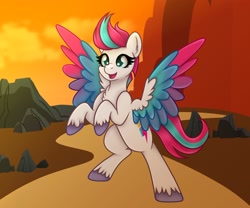 Size: 2048x1707 | Tagged: safe, artist:sweet cream, imported from derpibooru, zipp storm, pegasus, pony, bipedal, colored wings, female, g5, mare, multicolored wings, open mouth, open smile, signature, smiling, solo, spread wings, wings