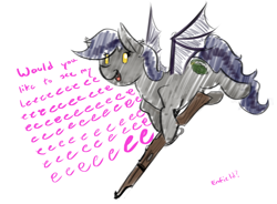 Size: 1094x804 | Tagged: safe, artist:testostepone, imported from derpibooru, oc, oc only, oc:firestarter, bat pony, pony, bat pony oc, bat wings, colored sketch, dialogue, eeee, eye clipping through hair, fangs, female, gun, hoof hold, lee enfield, mare, open mouth, rifle, shitposting, simple background, solo, weapon, white background, wings