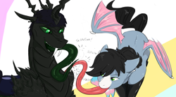 Size: 2288x1273 | Tagged: safe, artist:testostepone, imported from derpibooru, oc, oc:starskipper, oc:t'zzet, bat pony, changeling, pony, bat pony oc, bat wings, clothes, colored sketch, eye clipping through hair, female, latex, long tongue, male, mare, prehensile tongue, socks, stallion, tongue out, wings