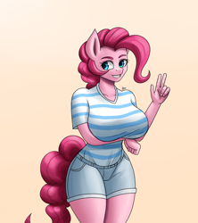 Size: 1600x1800 | Tagged: safe, artist:zachc, imported from derpibooru, pinkie pie, anthro, earth pony, arm under breasts, big breasts, breasts, busty pinkie pie, clothes, denim, denim shorts, female, grin, huge breasts, peace sign, shorts, smiling, solo