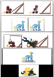 Size: 3590x5076 | Tagged: safe, artist:testostepone, imported from derpibooru, oc, oc:alsephina, oc:fortuna, oc:t'zzet, changeling, draconequus, griffon, cheese, comic, food, trebuchet