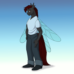 Size: 1000x1000 | Tagged: safe, artist:foxenawolf, imported from derpibooru, oc, oc only, anthro, changeling, fanfic:beginning anew, clothes, gradient background, insect wings, male, red changeling, solo, wings