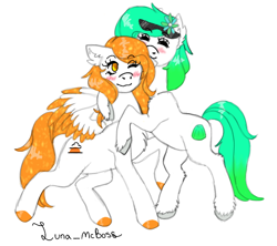 Size: 556x493 | Tagged: safe, artist:luna_mcboss, imported from derpibooru, oc, oc only, oc:gumdrop, oc:rising dawn, earth pony, pegasus, pony, blue mane, blushing, chest fluff, cute, duo, duo female, ear fluff, earth pony oc, feathered wings, female, flower, flower in hair, gradient mane, long hair, orange eyes, orange mane, pegasus oc, simple background, standing on two hooves, sunglasses, unshorn fetlocks, white background, white coat, wholesome, wings