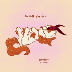Size: 2250x2250 | Tagged: safe, artist:theratedrshimmer, imported from derpibooru, autumn blaze, kirin, awwtumn blaze, butt, cute, eyes closed, female, high res, hooves up, lying down, mare, on back, playing dead, plot, solo, text, upside down