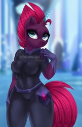 Size: 1294x2000 | Tagged: safe, artist:taiweiart, imported from derpibooru, tempest shadow, anthro, unicorn, breasts, busty tempest shadow, female, horn, prosthetic horn, prosthetics, smiling, solo, tempest gets her horn back, watermark