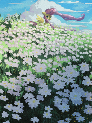 Size: 1620x2160 | Tagged: safe, artist:lendftcn, imported from derpibooru, fluttershy, pegasus, pony, chamomile, female, film grain, flower, flower field, long mane, looking at you, mare, meadow, smiling, smiling at you, solo, spread wings, windswept mane, wings