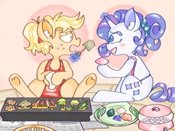 Size: 1024x768 | Tagged: safe, artist:reyam, imported from derpibooru, applejack, rarity, earth pony, pony, unicorn, alternate hairstyle, apron, blush sticker, blushing, clothes, cooking, duo, duo female, female, food, freckles, hatless, horn, korean, looking at each other, looking at someone, magic, magic aura, mare, missing accessory, open mouth, profile, sitting, spatula, spread wings, telekinesis, underhoof, wings