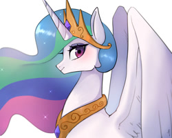 Size: 2000x1600 | Tagged: safe, artist:hosikawa, imported from derpibooru, princess celestia, alicorn, pony, bust, crown, cute, cutelestia, female, horn, jewelry, looking at you, mare, partially open wings, peytral, profile, regalia, simple background, smiling, solo, white background, wings