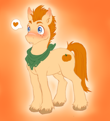 Size: 772x852 | Tagged: safe, artist:grob-ert, imported from derpibooru, oc, oc only, oc:sugar pumpkin, earth pony, pony, blushing, heart, solo, wide eyes