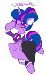 Size: 649x1068 | Tagged: safe, artist:tingsan, imported from derpibooru, twilight sparkle, alicorn, pony, clothes, ears, ears up, female, flying, glasses, horn, looking at you, looking back, looking back at you, mane, mare, pants, purple eyes, simple background, solo, spread wings, tail, twilight sparkle (alicorn), white background, wings