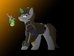 Size: 5000x3800 | Tagged: safe, artist:suidian, imported from derpibooru, oc, oc only, oc:littlepip, pony, unicorn, fallout equestria, bag, barding, clothes, female, gun, handgun, jumpsuit, little macintosh, magic, mare, pipbuck, revolver, saddle bag, scrunch, solo, telekinesis, vault suit