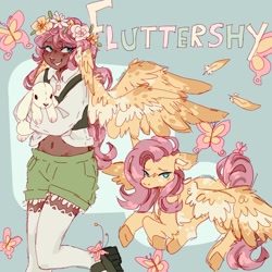 Size: 2048x2048 | Tagged: safe, artist:izzypaw, imported from derpibooru, fluttershy, butterfly, human, pegasus, pony, rabbit, alternate hairstyle, animal, belly button, blushing, boots, clothes, cute, dark skin, duo, feather, female, floral head wreath, flower, grin, human ponidox, humanized, mare, markings, midriff, nose piercing, nose ring, piercing, plushie, self paradox, self ponidox, shirt, shoes, shorts, shyabetes, smiling, unshorn fetlocks, vest, wing ears, winged humanization, wings
