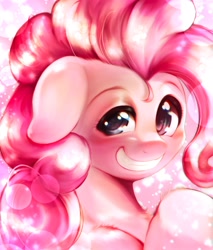 Size: 1744x2048 | Tagged: safe, artist:kurogewapony, imported from derpibooru, pinkie pie, earth pony, pony, abstract background, bust, female, floppy ears, grin, looking at you, mare, pink background, portrait, simple background, smiling, smiling at you, solo