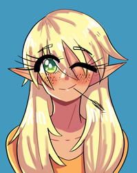 Size: 1750x2198 | Tagged: safe, artist:mylittleyuri, imported from derpibooru, applejack, human, alternate hairstyle, blue background, blushing, clothes, cute, elf ears, eye clipping through hair, female, freckles, humanized, jackabetes, one eye closed, shirt, simple background, solo, straw in mouth, wink