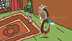 Size: 1280x720 | Tagged: safe, imported from derpibooru, discord, fluttershy, draconequus, pony, animated, breakdancing, dancing, fluttershy's cottage, meme, sound, tiny, tiny ponies, video, watermark, webm, youtube link