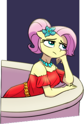 Size: 307x453 | Tagged: safe, artist:whitequartztheartist, imported from derpibooru, fluttershy, anthro, pegasus, balcony, bored, clothes, dress, female, flower, flower in hair, hand on chin, jewelry, necklace, red dress, solo, the princess and the frog