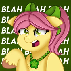 Size: 2048x2048 | Tagged: safe, artist:sweet cream, imported from derpibooru, earth pony, pony, angry, blah blah blah, bow, female, floppy ears, g5, hair bow, high res, jewelry, karen, mare, necklace, posey bloom, posey can't catch a break, solo, unshorn fetlocks