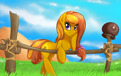 Size: 1680x1050 | Tagged: safe, artist:malifikyse, imported from derpibooru, oc, oc only, oc:honey ella, earth pony, pony, cute, earth pony oc, female, fence, grass, looking at you, mare, smiling, solo