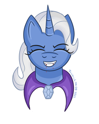 Size: 720x900 | Tagged: safe, alternate version, artist:friedrich911, imported from derpibooru, trixie, pony, undead, unicorn, vampire, blood, bust, eyes closed, fangs, female, grin, mare, smiling, solo