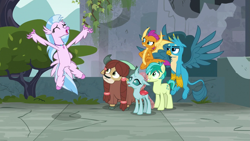 Size: 1279x720 | Tagged: safe, imported from derpibooru, screencap, gallus, ocellus, sandbar, silverstream, smolder, yona, changedling, changeling, classical hippogriff, dragon, earth pony, griffon, hippogriff, pony, yak, school daze, cloven hooves, colored hooves, eyes closed, gallus is not amused, hand on hip, jewelry, necklace, smolder is not amused, spread wings, student six, unamused, wings