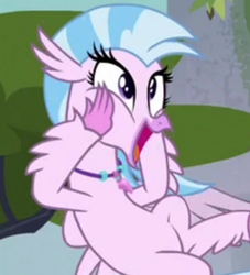 Size: 552x609 | Tagged: safe, imported from derpibooru, screencap, silverstream, classical hippogriff, hippogriff, school daze, cropped, cute, diastreamies, excited, jewelry, necklace, open mouth, solo, squishy cheeks
