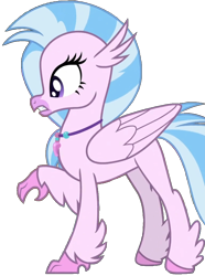 Size: 766x1030 | Tagged: safe, imported from derpibooru, silverstream, classical hippogriff, hippogriff, a rockhoof and a hard place, female, looking left, mare, pink skin, raised hoof, simple background, solo, standing, transparent background