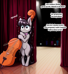 Size: 2053x2230 | Tagged: safe, artist:alcor, imported from derpibooru, octavia melody, earth pony, pony, adorable distress, anime reference, bipedal, cello, crowd, curvy, cute, female, fluffy, high res, hoof hold, irony, komi can't communicate, komi-san, mare, musical instrument, nervous, no mouth, no nose, shivering, solo focus, stage fright, tavi can't communicate, tavibetes, wide hips