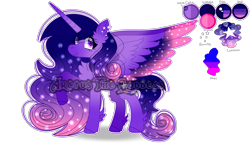 Size: 5680x3264 | Tagged: safe, artist:arctusthegoddess, imported from derpibooru, oc, oc only, alicorn, pony, alicorn oc, art, bio, blue, colored wings, digital art, galaxy themed, gradient wings, happy, horn, long hair, ms paint, paint tool sai, pink, pose, princess, purple, reference sheet, simple background, solo, sparkles, stars, transparent background, winged hooves, wings