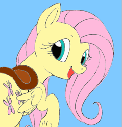 Size: 511x535 | Tagged: safe, anonymous editor, artist:dotkwa, color edit, edit, imported from derpibooru, fluttershy, pegasus, pony, blue background, colored, female, frog (hoof), g4, looking back, mare, open mouth, raised hoof, saddle, simple background, solo, tack, underhoof, wings
