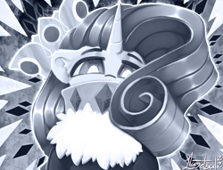Size: 1132x866 | Tagged: safe, artist:llametsul, imported from derpibooru, rarity, pony, unicorn, clothes, collar, crown, female, ice queen, jewelry, looking at you, looking down, looking down at you, mare, monochrome, regalia, signature, solo, white pupils