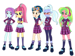 Size: 5500x4080 | Tagged: safe, artist:gmaplay, imported from derpibooru, indigo zap, lemon zest, sour sweet, sugarcoat, sunny flare, human, equestria girls, friendship games, clothes, crystal prep academy uniform, female, pleated skirt, school uniform, shadow five, shadowbolts, shoes, simple background, skirt, transparent background