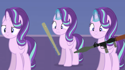 Size: 1440x808 | Tagged: safe, artist:forgalorga, imported from derpibooru, starlight glimmer, alicorn, pony, alicornified, baseball bat, levitation, magic, multeity, nervous, new pony worlds, race swap, rpg-7, self paradox, self ponidox, starlicorn, starlight cluster, telekinesis, triality, weapon, xk-class end-of-the-world scenario