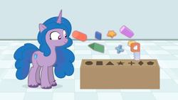 Size: 1416x800 | Tagged: safe, artist:forgalorga, imported from derpibooru, izzy moonbow, pony, unicorn, bracelet, circle, cylinder, female, friendship bracelet, g4, g5, g5 to g4, generation leap, jewelry, levitation, looking at something, magic, mare, new pony worlds, pentagon, plus, prism, rectangular prism, rhombus, saw, shapes, smiling, solo, square, stars, telekinesis, toy, triangle, triangular prism, unshorn fetlocks, x